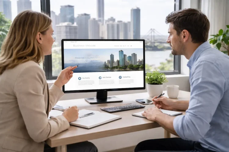 Brisbane business owner reviewing a website on a laptop